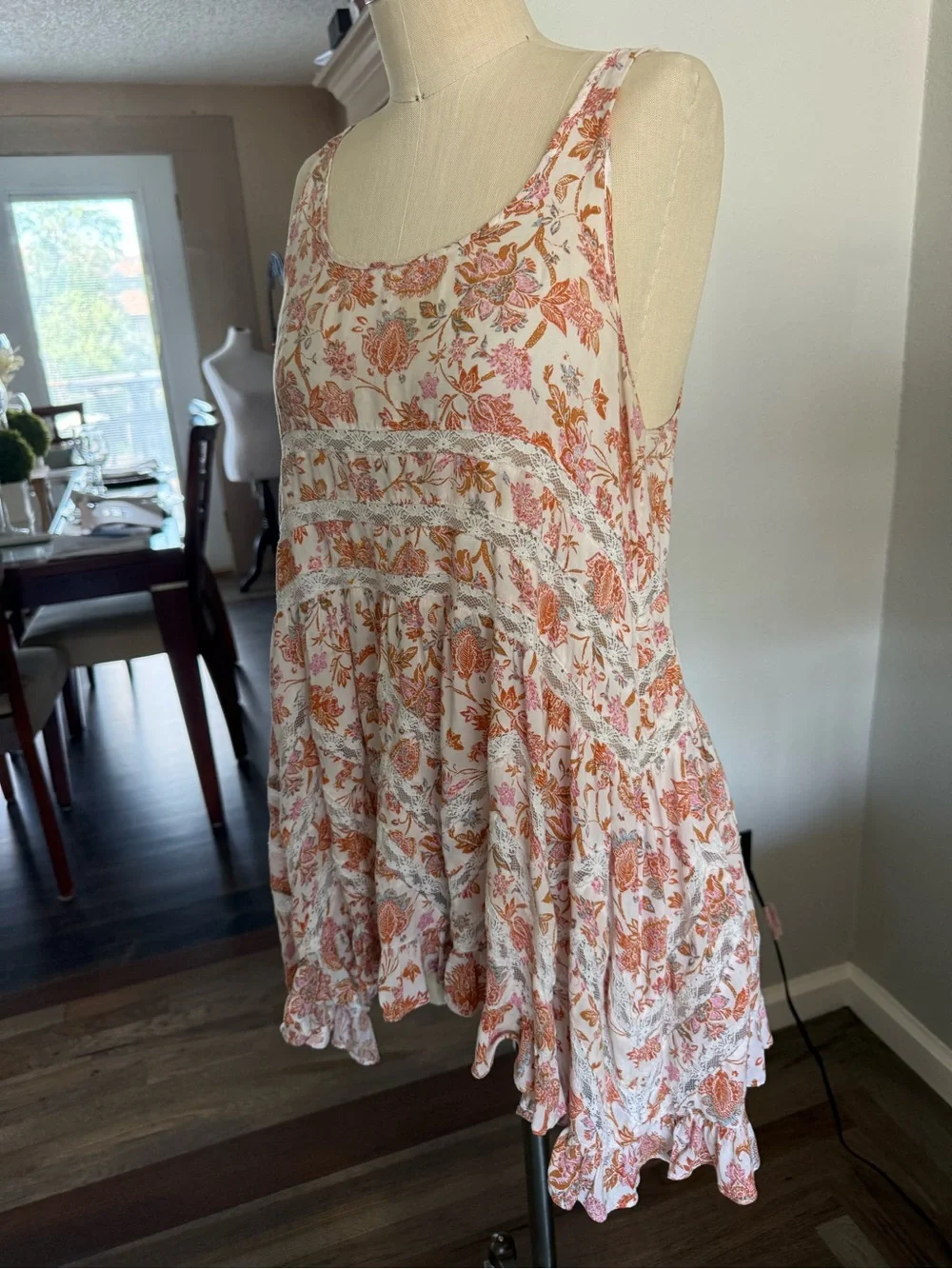 Free People Intimately Floral Lace Trim Trapeze Tank Top Pink Peach Boho Peplum